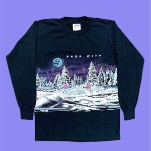 Vtg 90s Park City Ski Wrap AOP Long Sleeve Shirt Oneita San Segal M Fits Smaller
